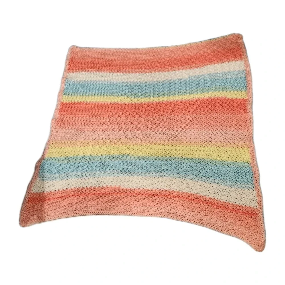 Handmade Crochet Baby Blanket Pastel‎ Rainbow Afghan Pink Blue Yellow 32